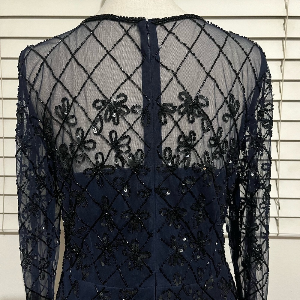 Adrianna Papell Navy Beaded Long Sleeve Sheer Yoke Dress - Picture 5 of 7